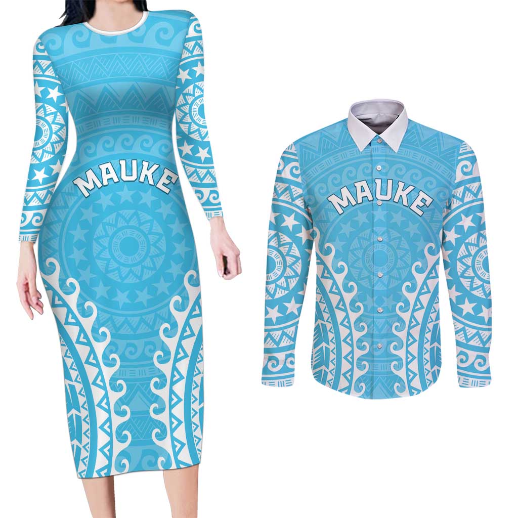 Custom Cook Islands Mauke Couples Matching Long Sleeve Bodycon Dress and Long Sleeve Button Shirt Polynesian Tribal Tattoo LT05 Baby Blue - Polynesian Pride