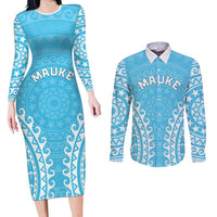 Custom Cook Islands Mauke Couples Matching Long Sleeve Bodycon Dress and Long Sleeve Button Shirt Polynesian Tribal Tattoo LT05 Baby Blue - Polynesian Pride