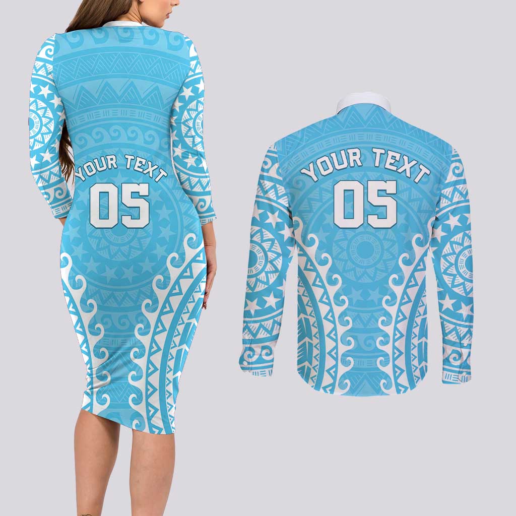 Custom Cook Islands Mauke Couples Matching Long Sleeve Bodycon Dress and Long Sleeve Button Shirt Polynesian Tribal Tattoo LT05 - Polynesian Pride