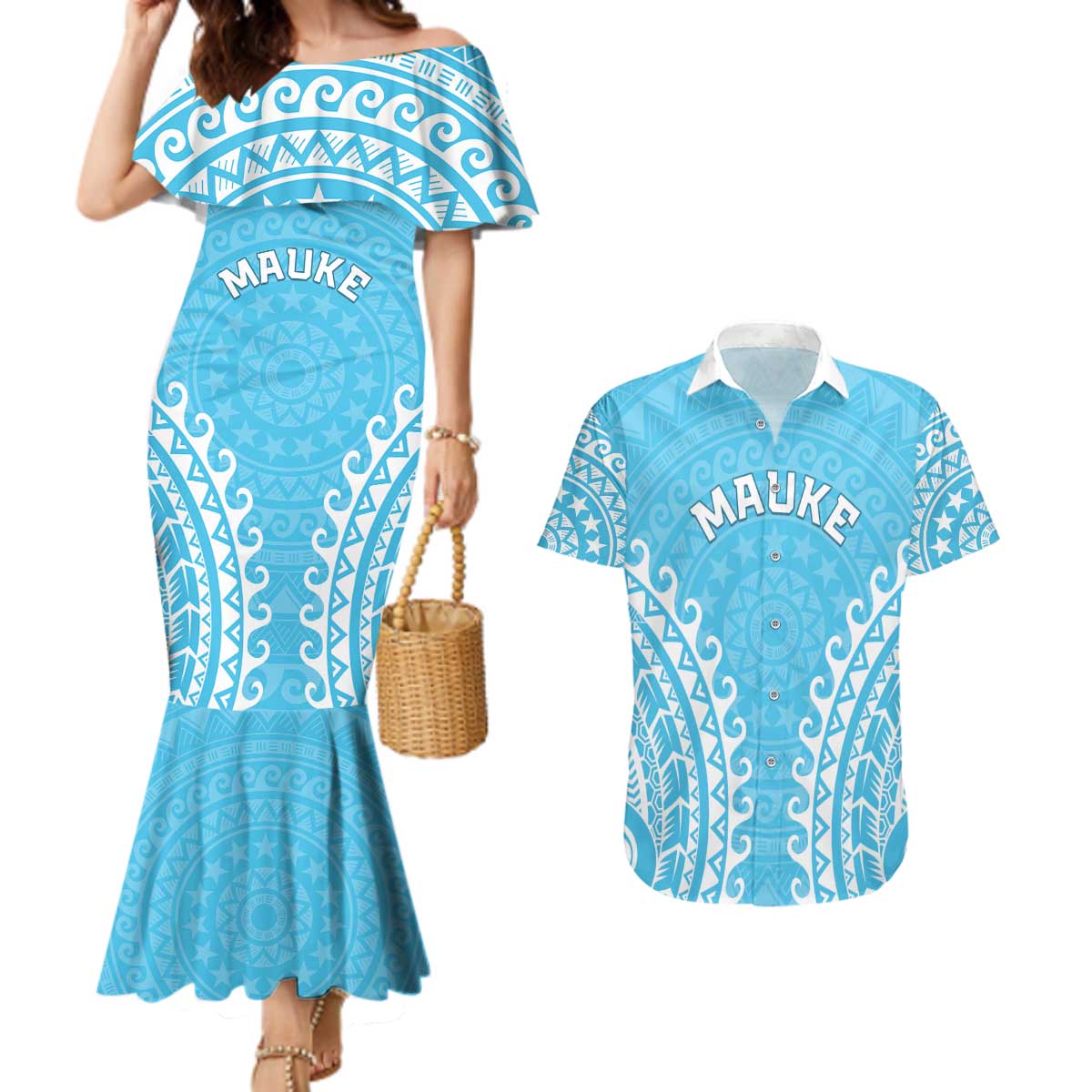 Custom Cook Islands Mauke Couples Matching Mermaid Dress and Hawaiian Shirt Polynesian Tribal Tattoo LT05 Baby Blue - Polynesian Pride