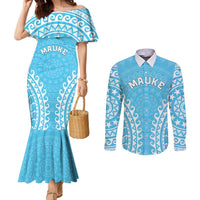 Custom Cook Islands Mauke Couples Matching Mermaid Dress and Long Sleeve Button Shirt Polynesian Tribal Tattoo LT05 Baby Blue - Polynesian Pride
