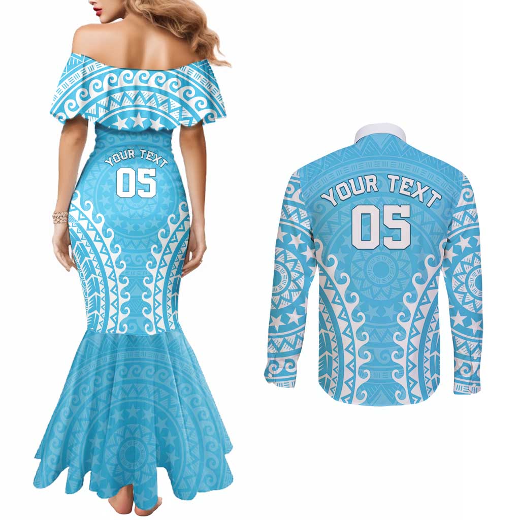 Custom Cook Islands Mauke Couples Matching Mermaid Dress and Long Sleeve Button Shirt Polynesian Tribal Tattoo LT05 - Polynesian Pride