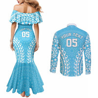 Custom Cook Islands Mauke Couples Matching Mermaid Dress and Long Sleeve Button Shirt Polynesian Tribal Tattoo LT05 - Polynesian Pride
