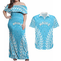 Custom Cook Islands Mauke Couples Matching Off Shoulder Maxi Dress and Hawaiian Shirt Polynesian Tribal Tattoo LT05 Baby Blue - Polynesian Pride