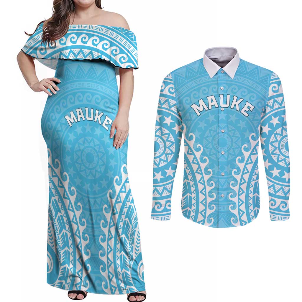 Custom Cook Islands Mauke Couples Matching Off Shoulder Maxi Dress and Long Sleeve Button Shirt Polynesian Tribal Tattoo LT05 Baby Blue - Polynesian Pride
