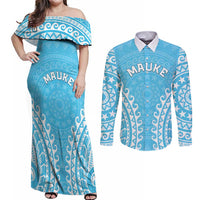 Custom Cook Islands Mauke Couples Matching Off Shoulder Maxi Dress and Long Sleeve Button Shirt Polynesian Tribal Tattoo LT05 Baby Blue - Polynesian Pride