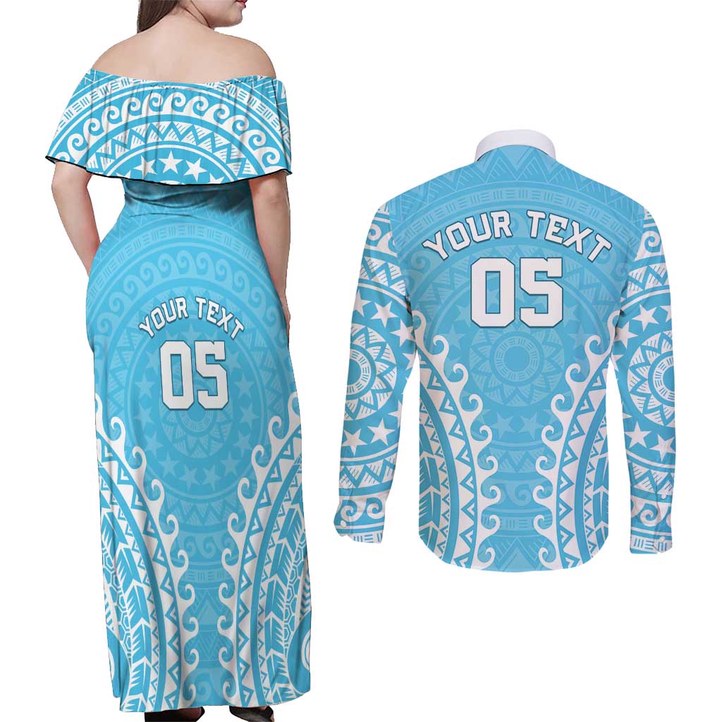 Custom Cook Islands Mauke Couples Matching Off Shoulder Maxi Dress and Long Sleeve Button Shirt Polynesian Tribal Tattoo LT05 - Polynesian Pride