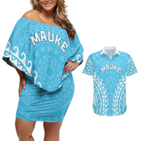 Custom Cook Islands Mauke Couples Matching Off Shoulder Short Dress and Hawaiian Shirt Polynesian Tribal Tattoo LT05 Baby Blue - Polynesian Pride