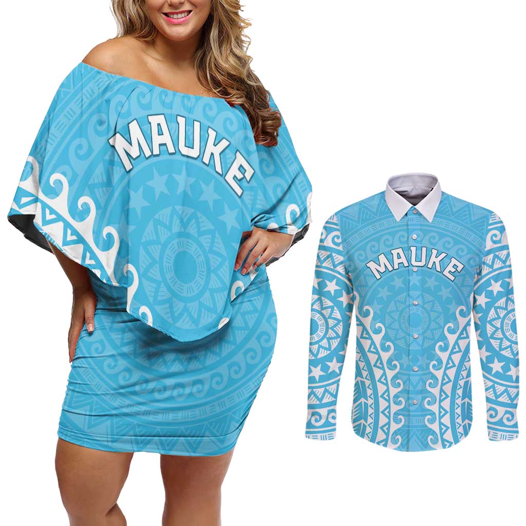 Custom Cook Islands Mauke Couples Matching Off Shoulder Short Dress and Long Sleeve Button Shirt Polynesian Tribal Tattoo LT05 Baby Blue - Polynesian Pride