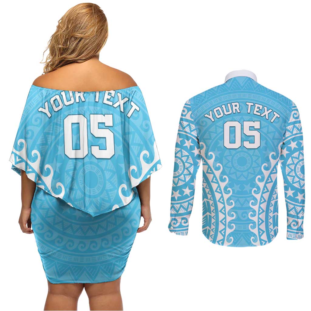 Custom Cook Islands Mauke Couples Matching Off Shoulder Short Dress and Long Sleeve Button Shirt Polynesian Tribal Tattoo LT05 - Polynesian Pride