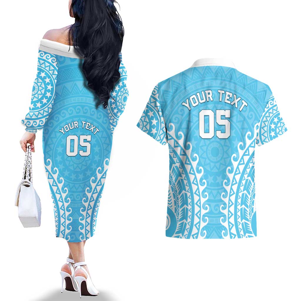 Custom Cook Islands Mauke Couples Matching Off The Shoulder Long Sleeve Dress and Hawaiian Shirt Polynesian Tribal Tattoo LT05 - Polynesian Pride