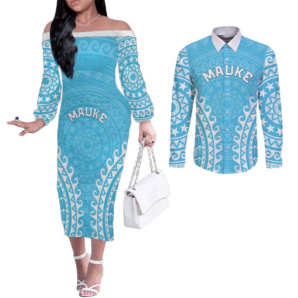 Custom Cook Islands Mauke Couples Matching Off The Shoulder Long Sleeve Dress and Long Sleeve Button Shirt Polynesian Tribal Tattoo LT05 Baby Blue - Polynesian Pride