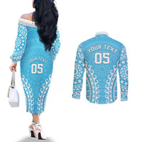 Custom Cook Islands Mauke Couples Matching Off The Shoulder Long Sleeve Dress and Long Sleeve Button Shirt Polynesian Tribal Tattoo LT05 - Polynesian Pride