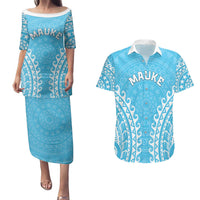 Custom Cook Islands Mauke Couples Matching Puletasi and Hawaiian Shirt Polynesian Tribal Tattoo LT05 Baby Blue - Polynesian Pride