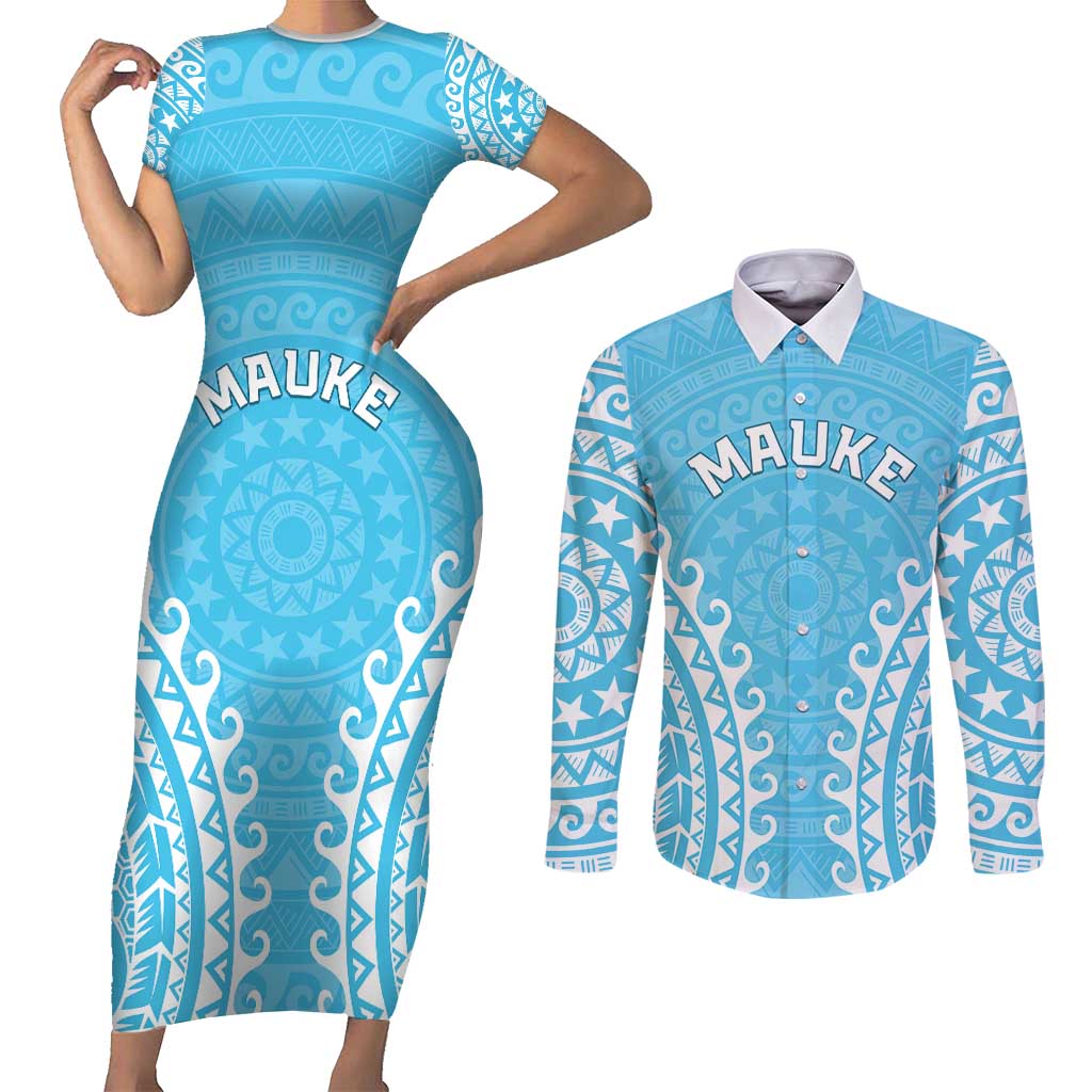 Custom Cook Islands Mauke Couples Matching Short Sleeve Bodycon Dress and Long Sleeve Button Shirt Polynesian Tribal Tattoo LT05 Baby Blue - Polynesian Pride