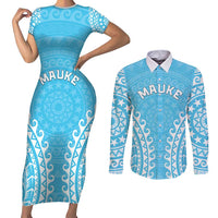 Custom Cook Islands Mauke Couples Matching Short Sleeve Bodycon Dress and Long Sleeve Button Shirt Polynesian Tribal Tattoo LT05 Baby Blue - Polynesian Pride