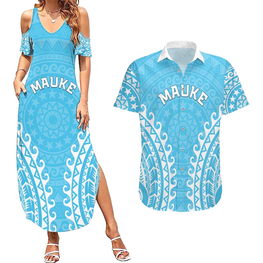 Custom Cook Islands Mauke Couples Matching Summer Maxi Dress and Hawaiian Shirt Polynesian Tribal Tattoo LT05 Baby Blue - Polynesian Pride