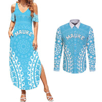 Custom Cook Islands Mauke Couples Matching Summer Maxi Dress and Long Sleeve Button Shirt Polynesian Tribal Tattoo LT05 Baby Blue - Polynesian Pride