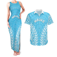 Custom Cook Islands Mauke Couples Matching Tank Maxi Dress and Hawaiian Shirt Polynesian Tribal Tattoo LT05 Baby Blue - Polynesian Pride