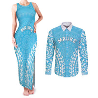 Custom Cook Islands Mauke Couples Matching Tank Maxi Dress and Long Sleeve Button Shirt Polynesian Tribal Tattoo LT05 Baby Blue - Polynesian Pride