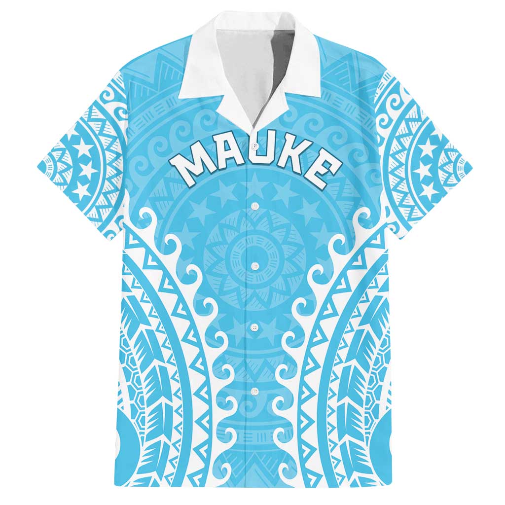 Custom Cook Islands Mauke Family Matching Off Shoulder Short Dress and Hawaiian Shirt Polynesian Tribal Tattoo LT05 Dad's Shirt - Short Sleeve Baby Blue - Polynesian Pride