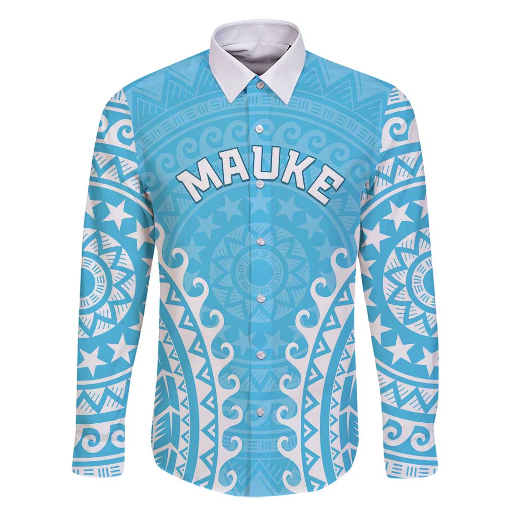 Custom Cook Islands Mauke Family Matching Off Shoulder Short Dress and Hawaiian Shirt Polynesian Tribal Tattoo LT05 Dad's Shirt - Long Sleeve Baby Blue - Polynesian Pride