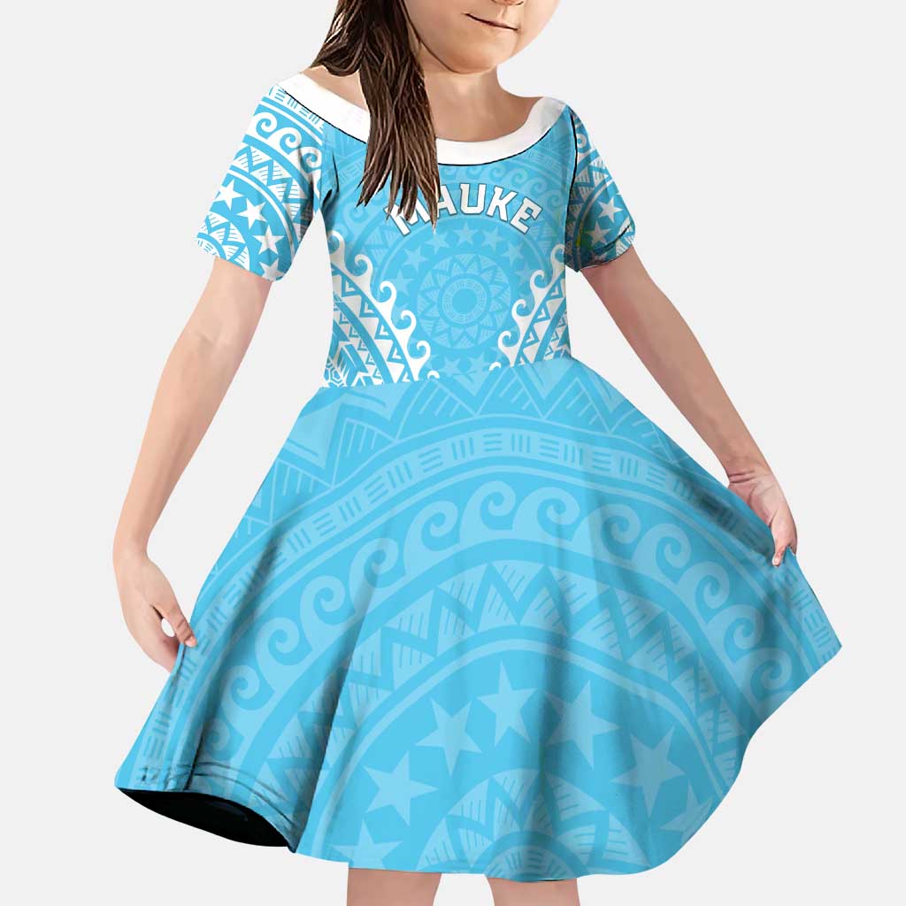 Custom Cook Islands Mauke Family Matching Puletasi and Hawaiian Shirt Polynesian Tribal Tattoo LT05 Daughter's Dress Baby Blue - Polynesian Pride