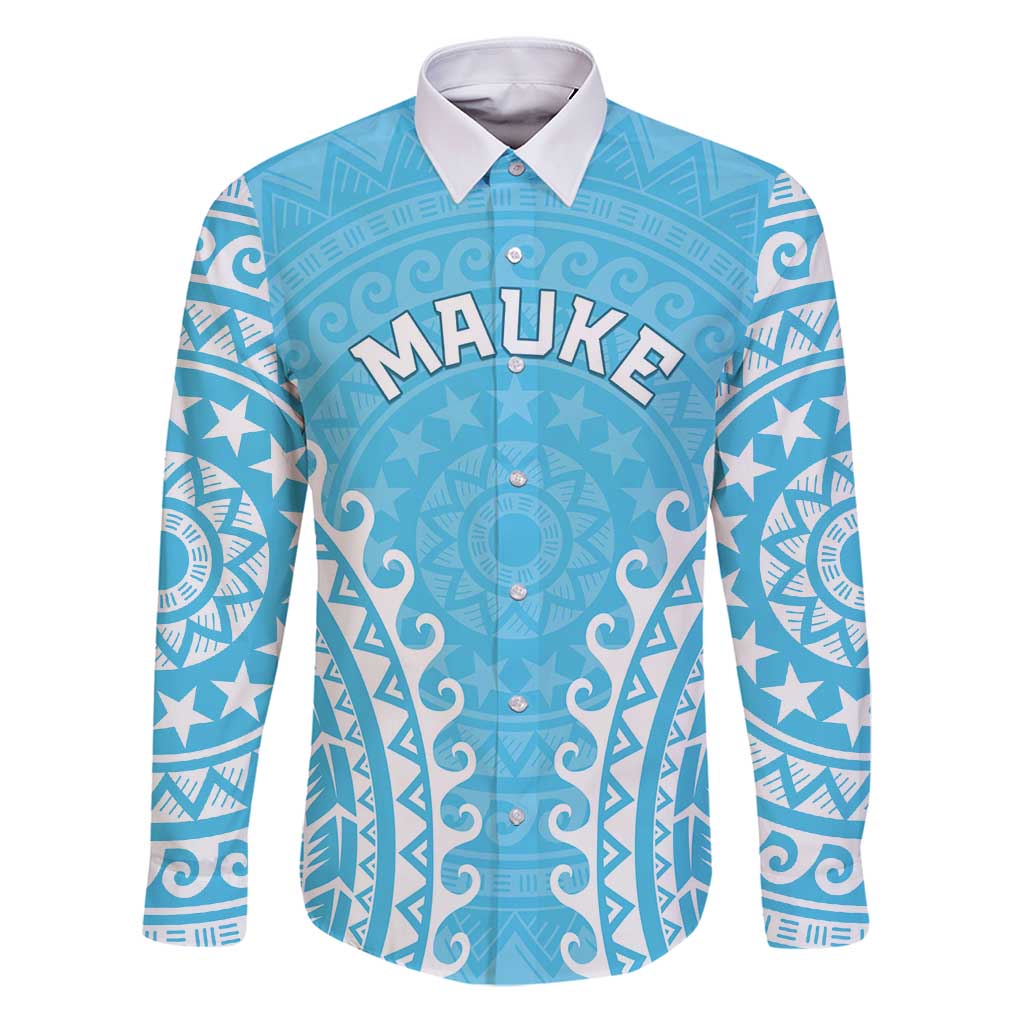 Custom Cook Islands Mauke Family Matching Puletasi and Hawaiian Shirt Polynesian Tribal Tattoo LT05 Dad's Shirt - Long Sleeve Baby Blue - Polynesian Pride