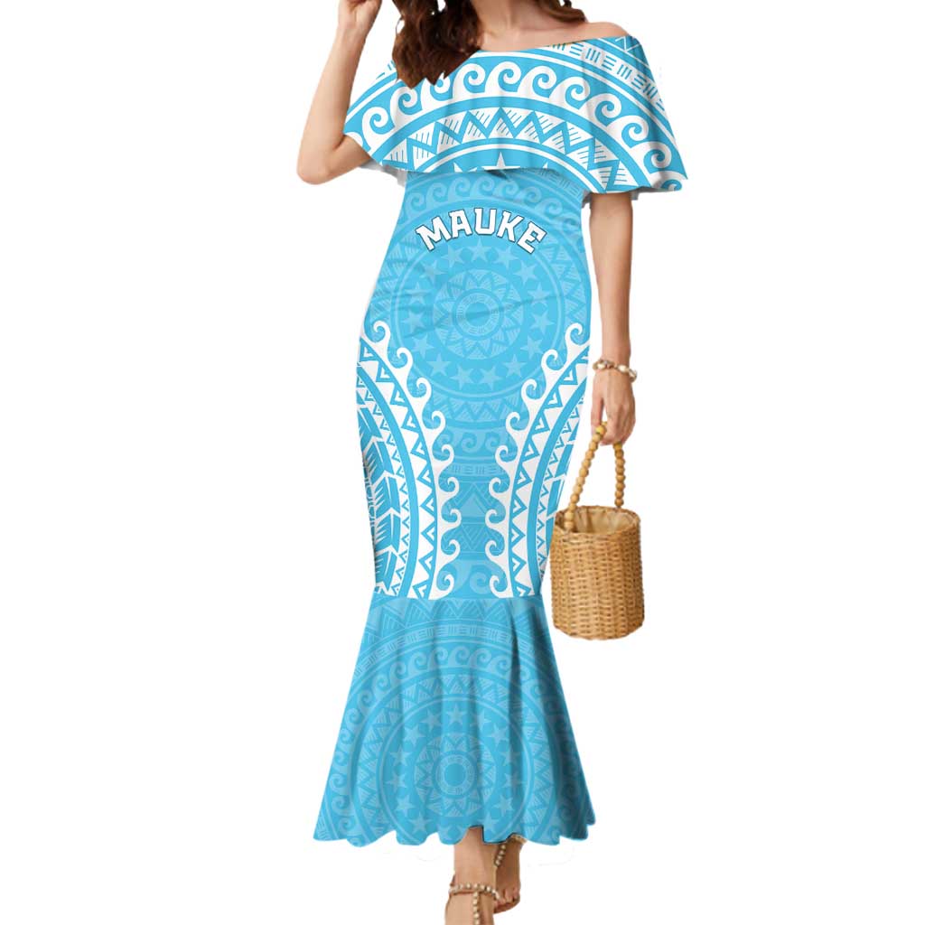 Custom Cook Islands Mauke Mermaid Dress Polynesian Tribal Tattoo LT05 Women Baby Blue - Polynesian Pride