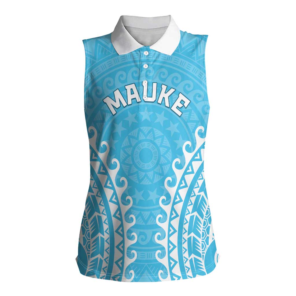 Custom Cook Islands Mauke Women Sleeveless Polo Shirt Polynesian Tribal Tattoo LT05 Female Baby Blue - Polynesian Pride