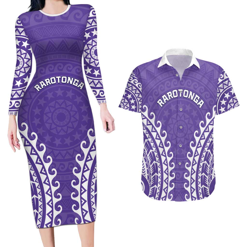 Custom Cook Islands Rarotonga Couples Matching Long Sleeve Bodycon Dress and Hawaiian Shirt Polynesian Tribal Tattoo LT05 Purple - Polynesian Pride