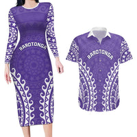 Custom Cook Islands Rarotonga Couples Matching Long Sleeve Bodycon Dress and Hawaiian Shirt Polynesian Tribal Tattoo LT05 Purple - Polynesian Pride