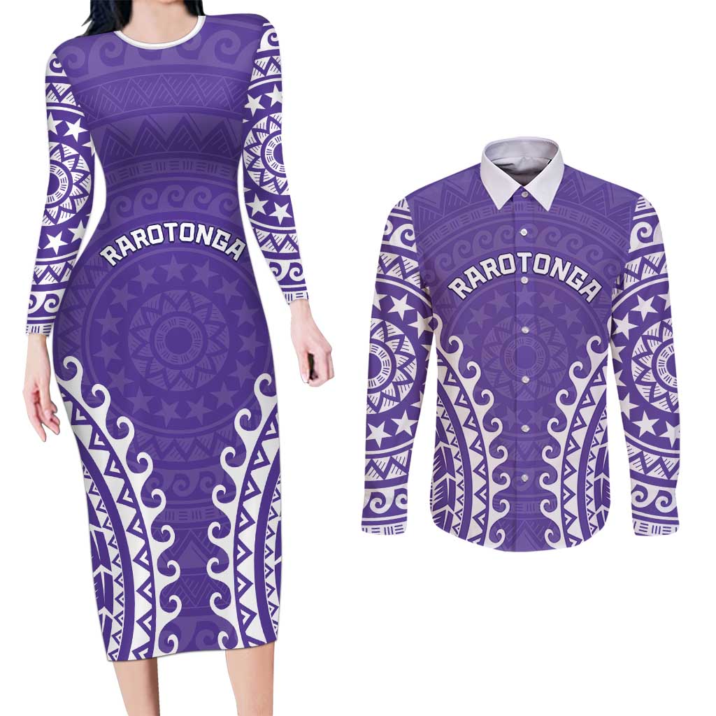 Custom Cook Islands Rarotonga Couples Matching Long Sleeve Bodycon Dress and Long Sleeve Button Shirt Polynesian Tribal Tattoo LT05 Purple - Polynesian Pride