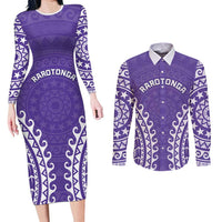 Custom Cook Islands Rarotonga Couples Matching Long Sleeve Bodycon Dress and Long Sleeve Button Shirt Polynesian Tribal Tattoo LT05 Purple - Polynesian Pride