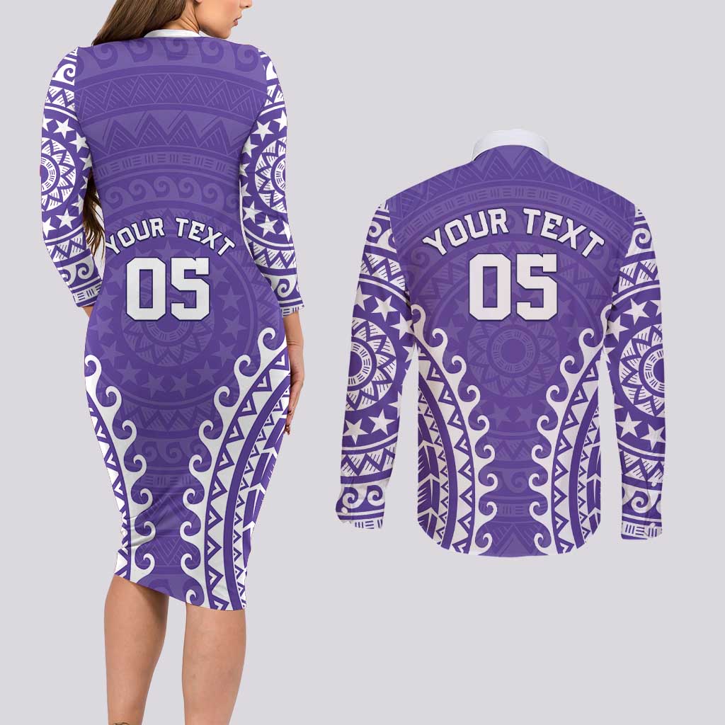 Custom Cook Islands Rarotonga Couples Matching Long Sleeve Bodycon Dress and Long Sleeve Button Shirt Polynesian Tribal Tattoo LT05 - Polynesian Pride