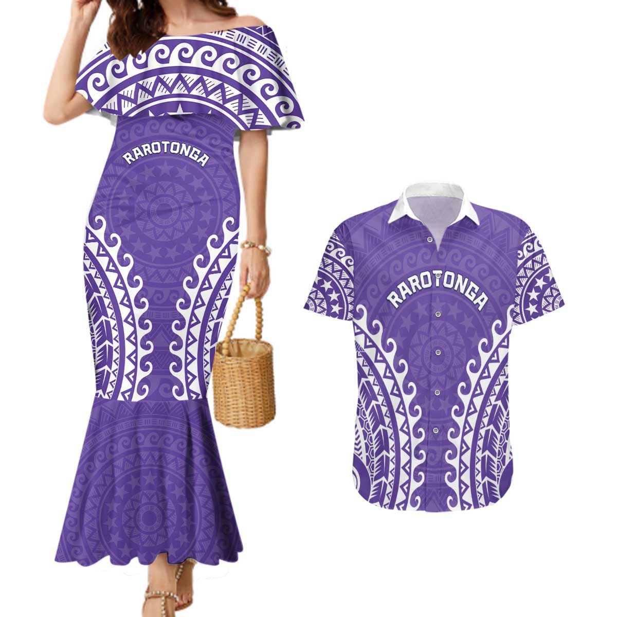 Custom Cook Islands Rarotonga Couples Matching Mermaid Dress and Hawaiian Shirt Polynesian Tribal Tattoo LT05 Purple - Polynesian Pride