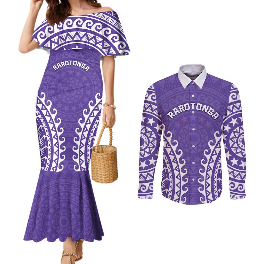 Custom Cook Islands Rarotonga Couples Matching Mermaid Dress and Long Sleeve Button Shirt Polynesian Tribal Tattoo LT05 Purple - Polynesian Pride