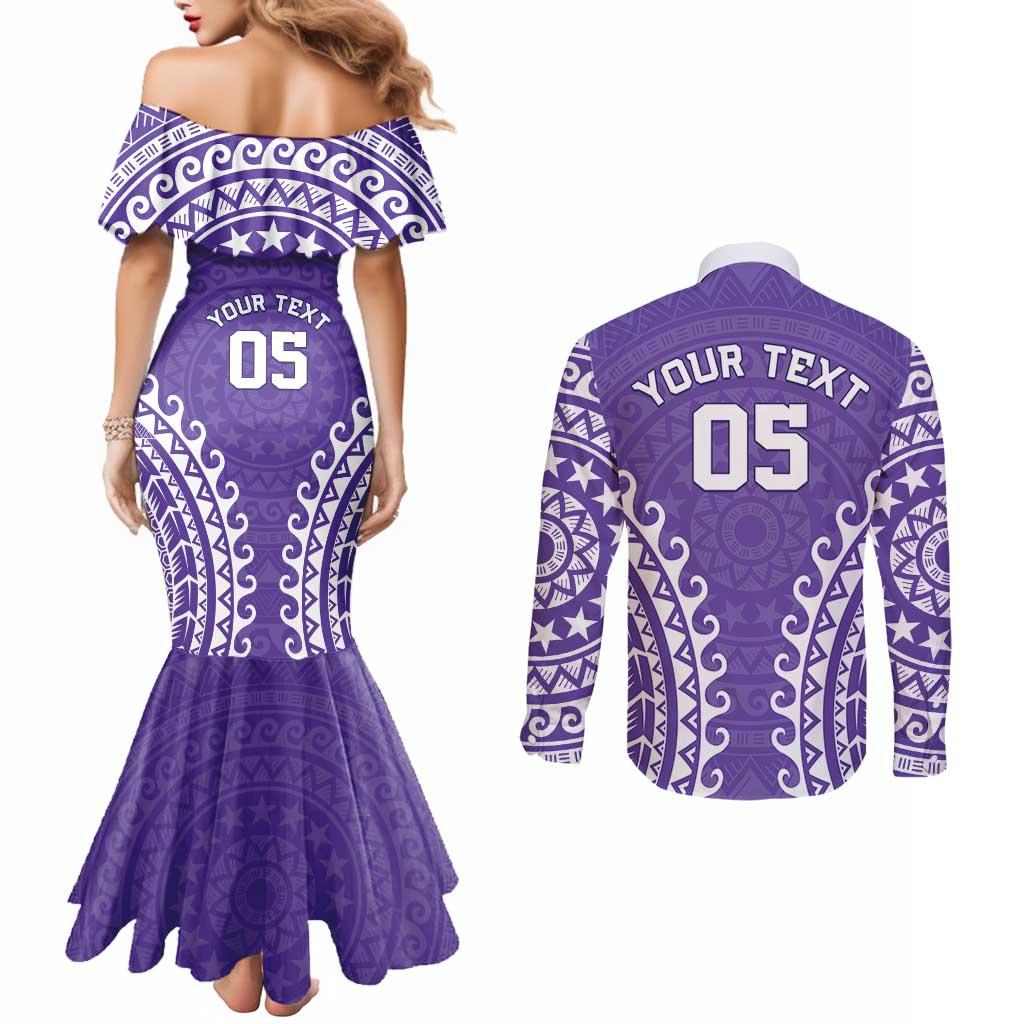 Custom Cook Islands Rarotonga Couples Matching Mermaid Dress and Long Sleeve Button Shirt Polynesian Tribal Tattoo LT05 - Polynesian Pride