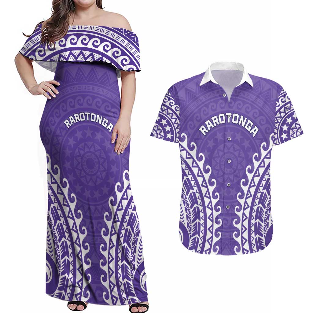 Custom Cook Islands Rarotonga Couples Matching Off Shoulder Maxi Dress and Hawaiian Shirt Polynesian Tribal Tattoo LT05 Purple - Polynesian Pride