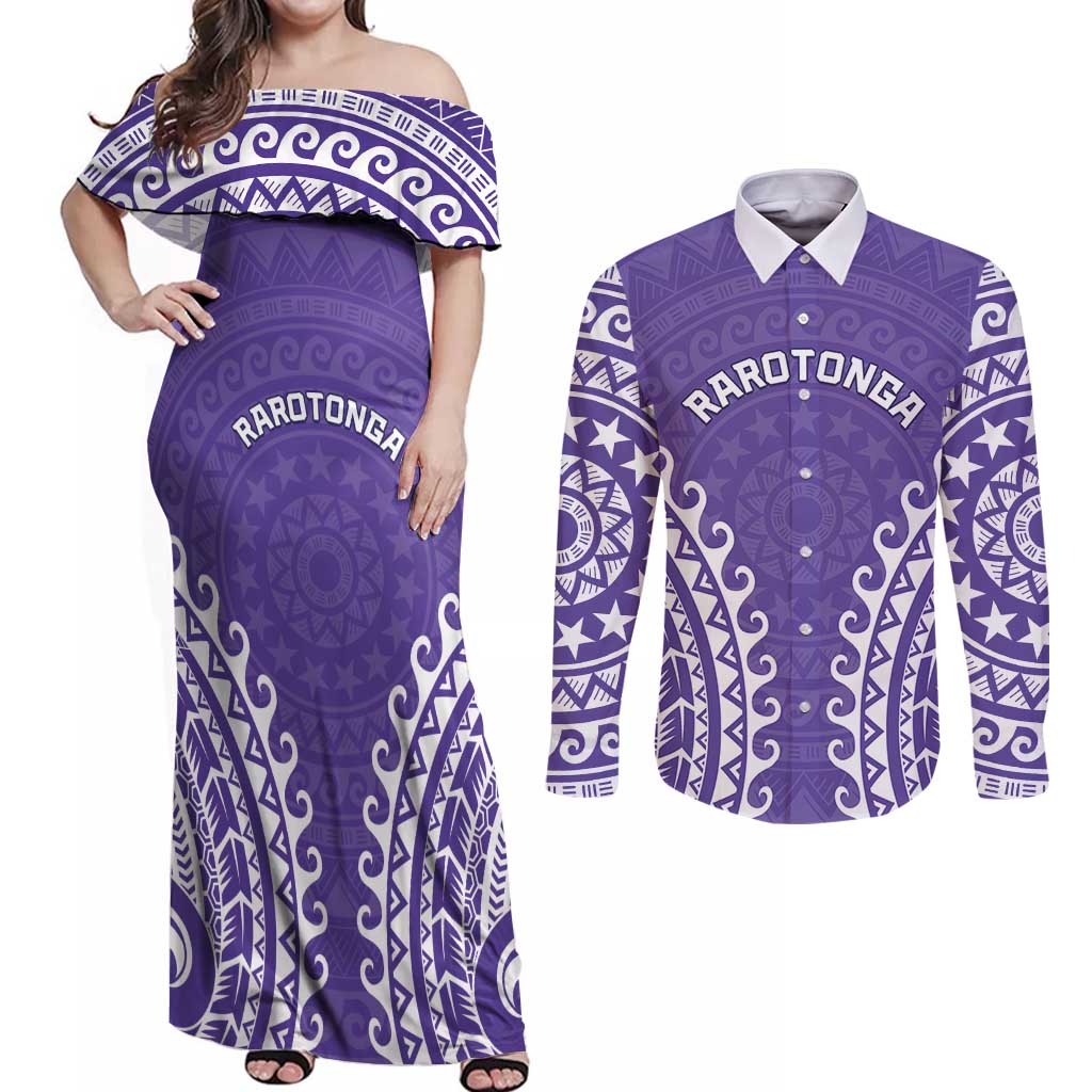 Custom Cook Islands Rarotonga Couples Matching Off Shoulder Maxi Dress and Long Sleeve Button Shirt Polynesian Tribal Tattoo LT05 Purple - Polynesian Pride