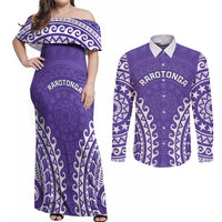 Custom Cook Islands Rarotonga Couples Matching Off Shoulder Maxi Dress and Long Sleeve Button Shirt Polynesian Tribal Tattoo LT05 Purple - Polynesian Pride