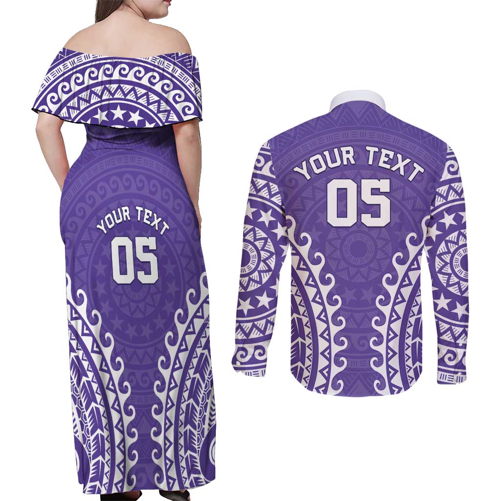 Custom Cook Islands Rarotonga Couples Matching Off Shoulder Maxi Dress and Long Sleeve Button Shirt Polynesian Tribal Tattoo LT05 - Polynesian Pride