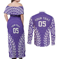 Custom Cook Islands Rarotonga Couples Matching Off Shoulder Maxi Dress and Long Sleeve Button Shirt Polynesian Tribal Tattoo LT05 - Polynesian Pride