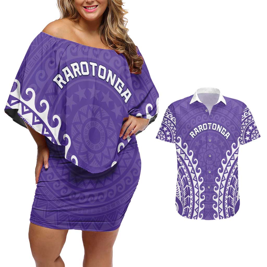 Custom Cook Islands Rarotonga Couples Matching Off Shoulder Short Dress and Hawaiian Shirt Polynesian Tribal Tattoo LT05 Purple - Polynesian Pride