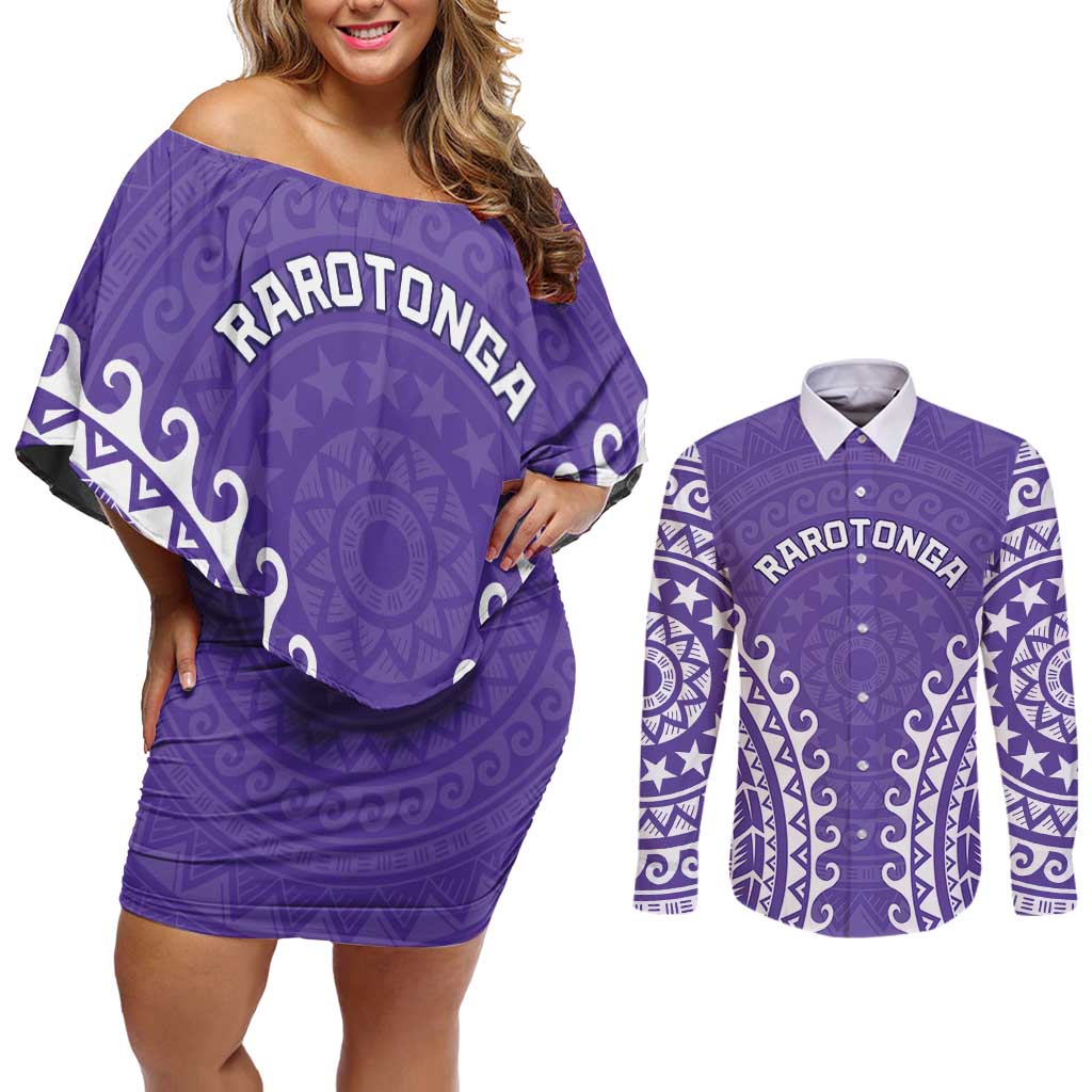 Custom Cook Islands Rarotonga Couples Matching Off Shoulder Short Dress and Long Sleeve Button Shirt Polynesian Tribal Tattoo LT05 Purple - Polynesian Pride