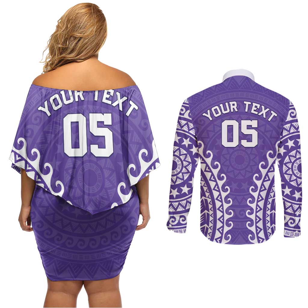 Custom Cook Islands Rarotonga Couples Matching Off Shoulder Short Dress and Long Sleeve Button Shirt Polynesian Tribal Tattoo LT05 - Polynesian Pride