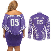 Custom Cook Islands Rarotonga Couples Matching Off Shoulder Short Dress and Long Sleeve Button Shirt Polynesian Tribal Tattoo LT05 - Polynesian Pride
