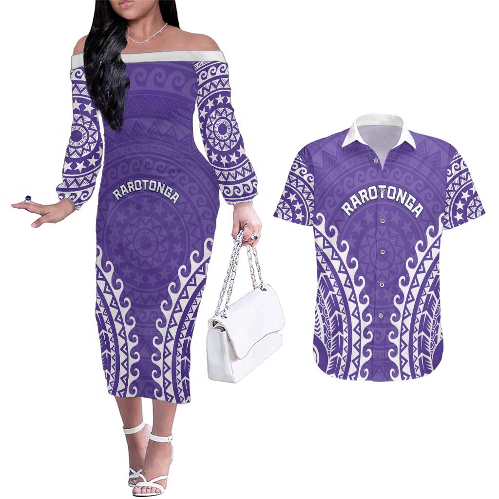 Custom Cook Islands Rarotonga Couples Matching Off The Shoulder Long Sleeve Dress and Hawaiian Shirt Polynesian Tribal Tattoo LT05 Purple - Polynesian Pride
