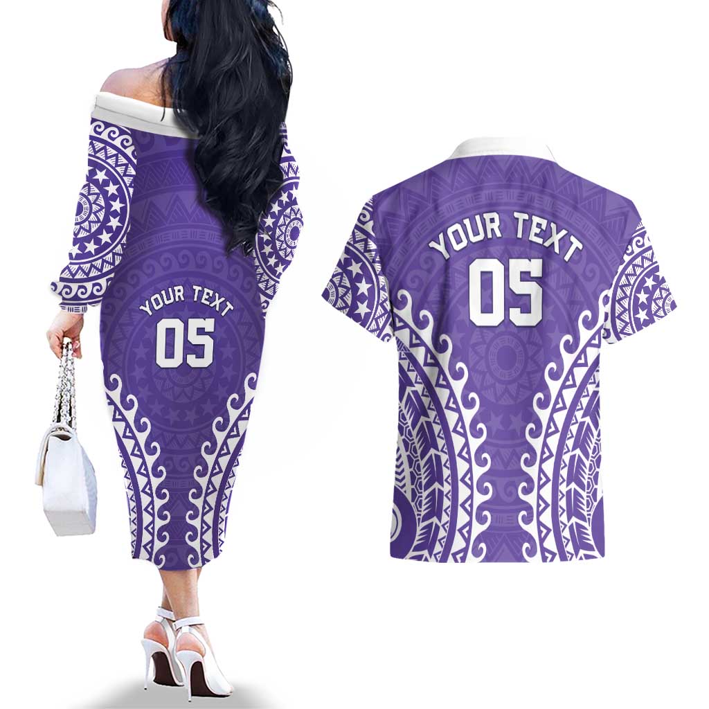 Custom Cook Islands Rarotonga Couples Matching Off The Shoulder Long Sleeve Dress and Hawaiian Shirt Polynesian Tribal Tattoo LT05 - Polynesian Pride