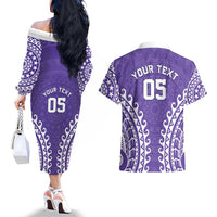 Custom Cook Islands Rarotonga Couples Matching Off The Shoulder Long Sleeve Dress and Hawaiian Shirt Polynesian Tribal Tattoo LT05 - Polynesian Pride